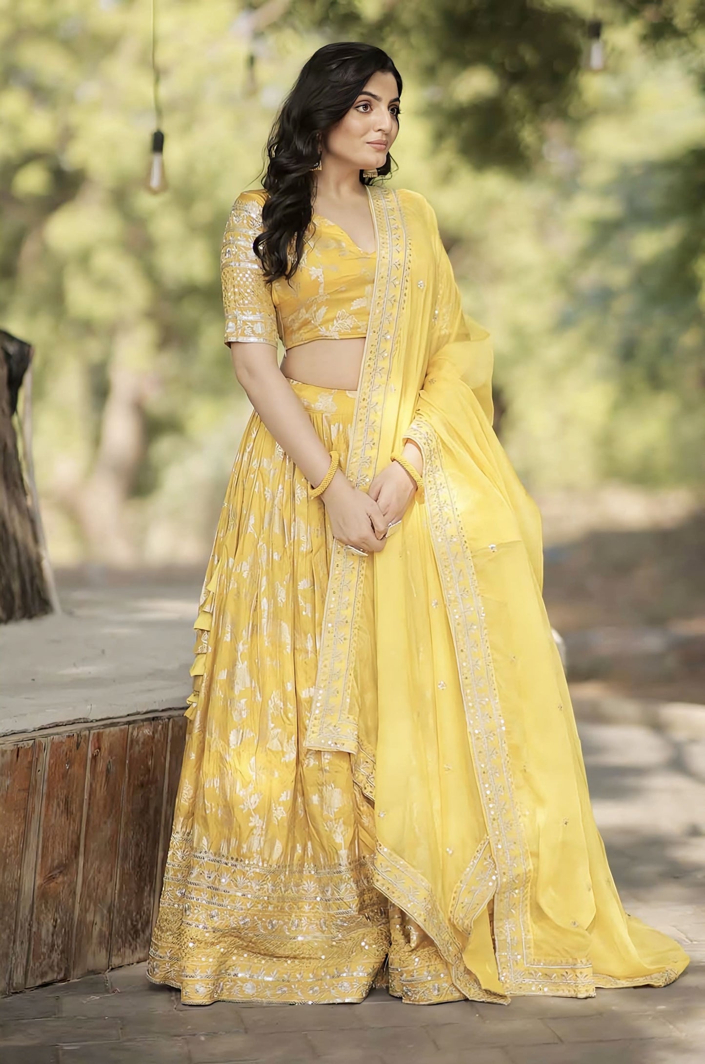 Yellow Haldi Bridal Lehenga Choli with Sequins Embroidery & Russian Silk Dupatta