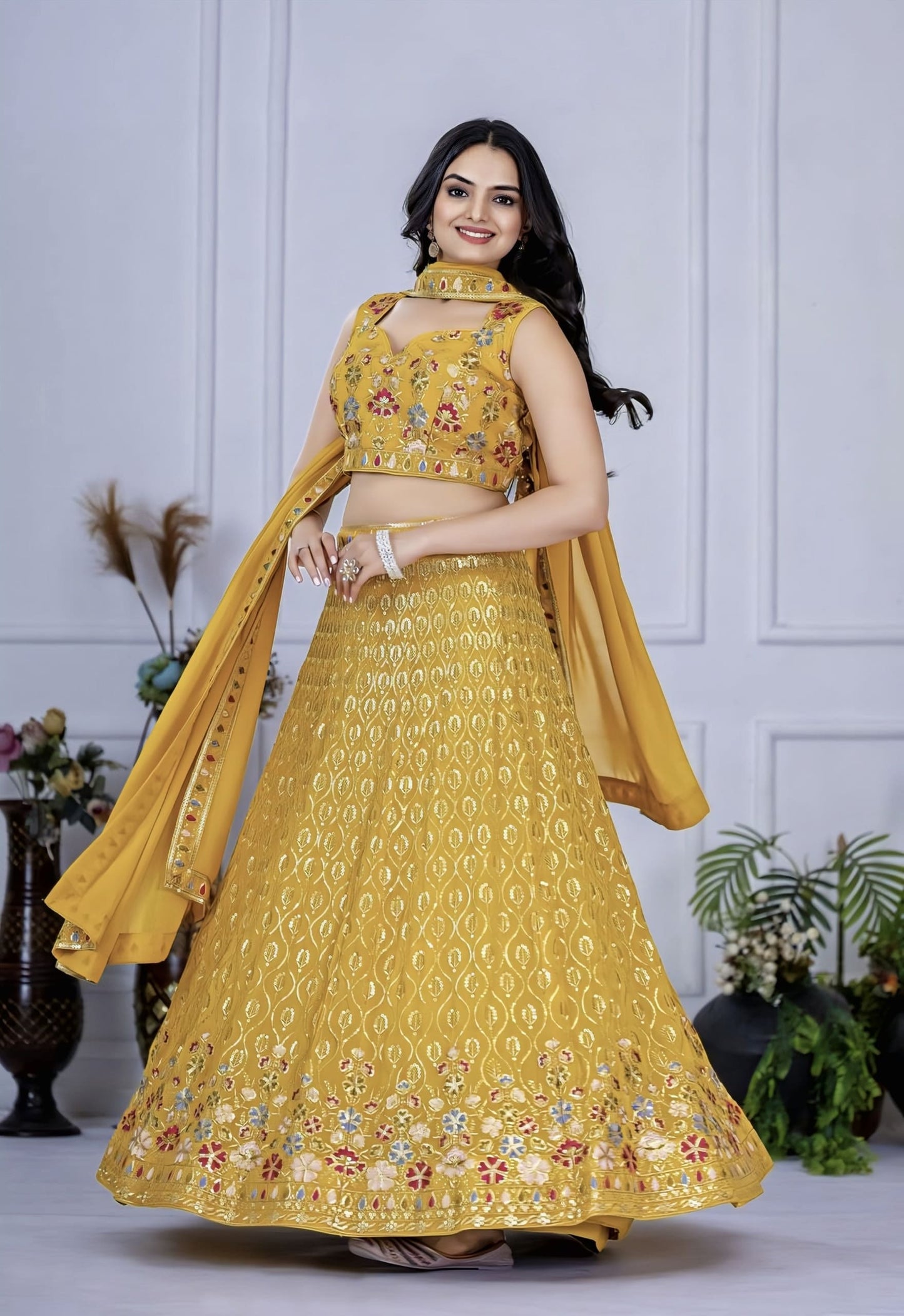 Yellow Ready To Wear Fox Georgette Lehenga Choli with Multi Thread & Sequence Work