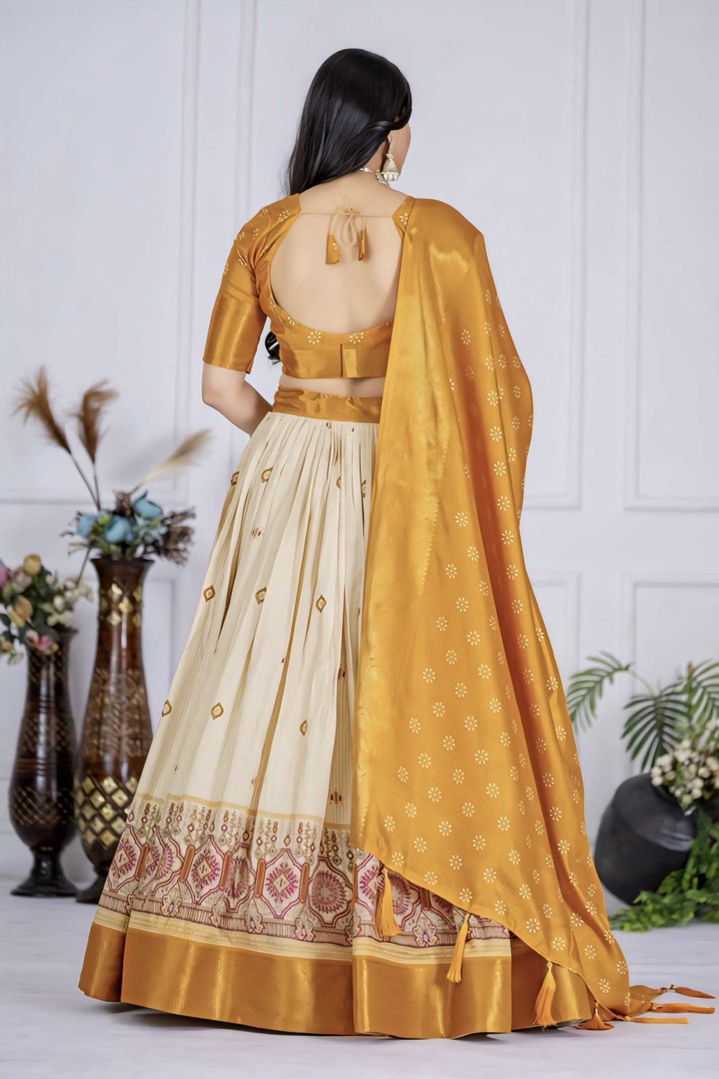Yellow Lichi Silk Ghagra Choli with Jacquard Zari Work for Wedding Guest Wear