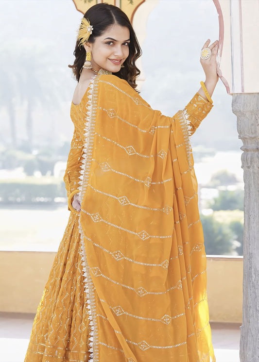 Mustard Yellow Georgette Lehenga Choli with Embroidery & Sequins Work