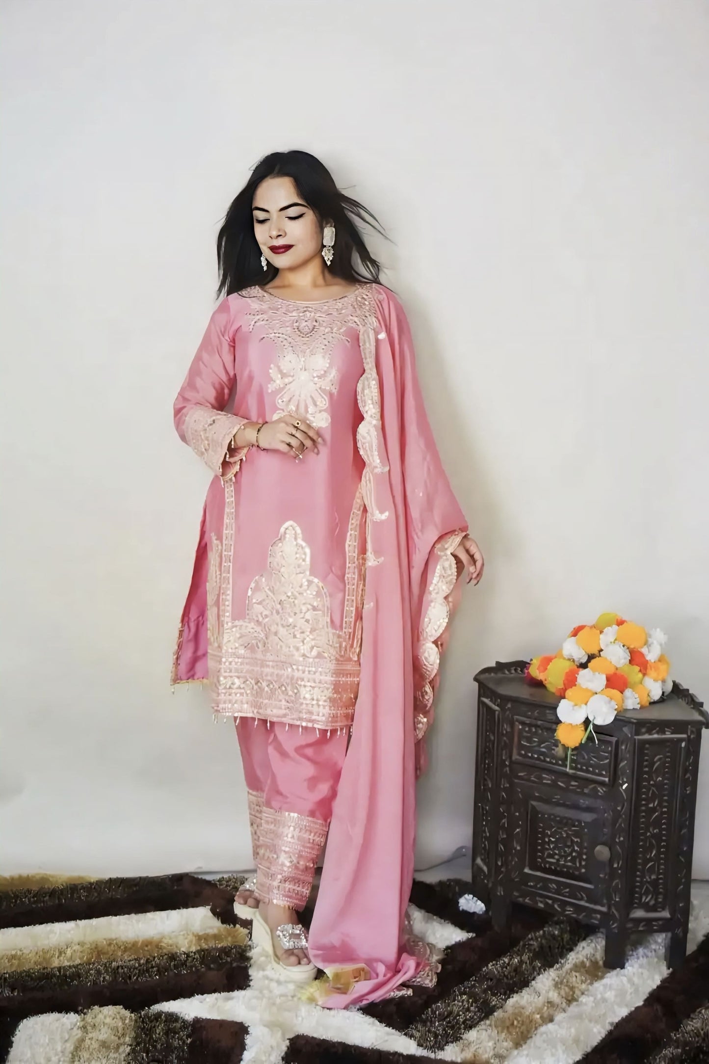 Pink Pure Chinnon Silk Embroidered Salwar Suit with Coding Dori & Sequins Work