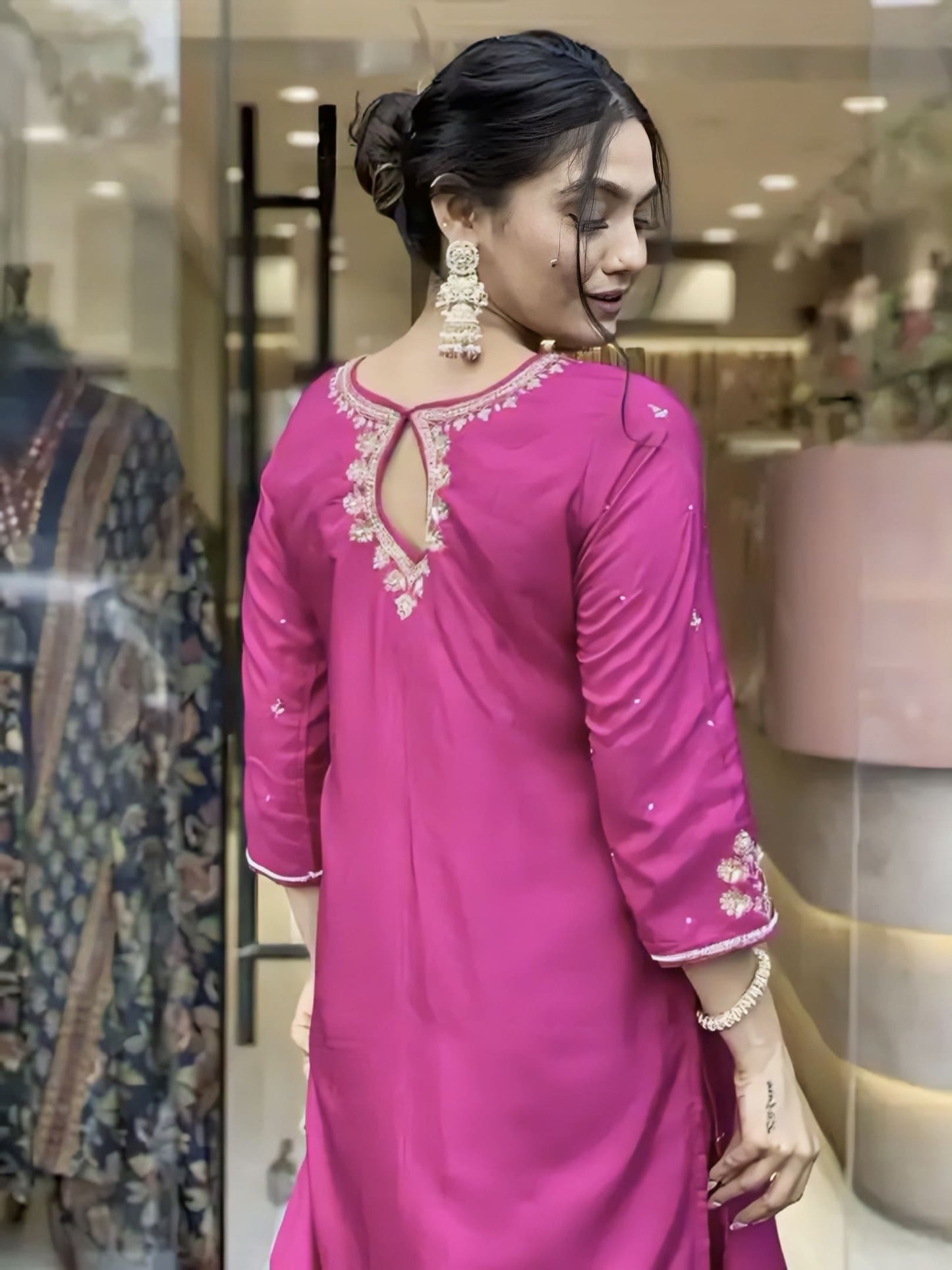 Rani Pink Roman Silk Salwar Suit with Heavy Coding Work & Banarasi Jacquard Dupatta
