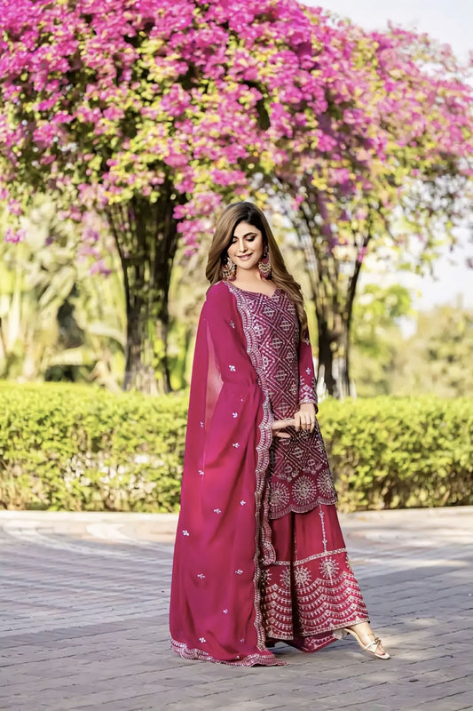 Rani Pink Chinon Salwar Suit with Heavy Thread & Sequence Embroidery Work