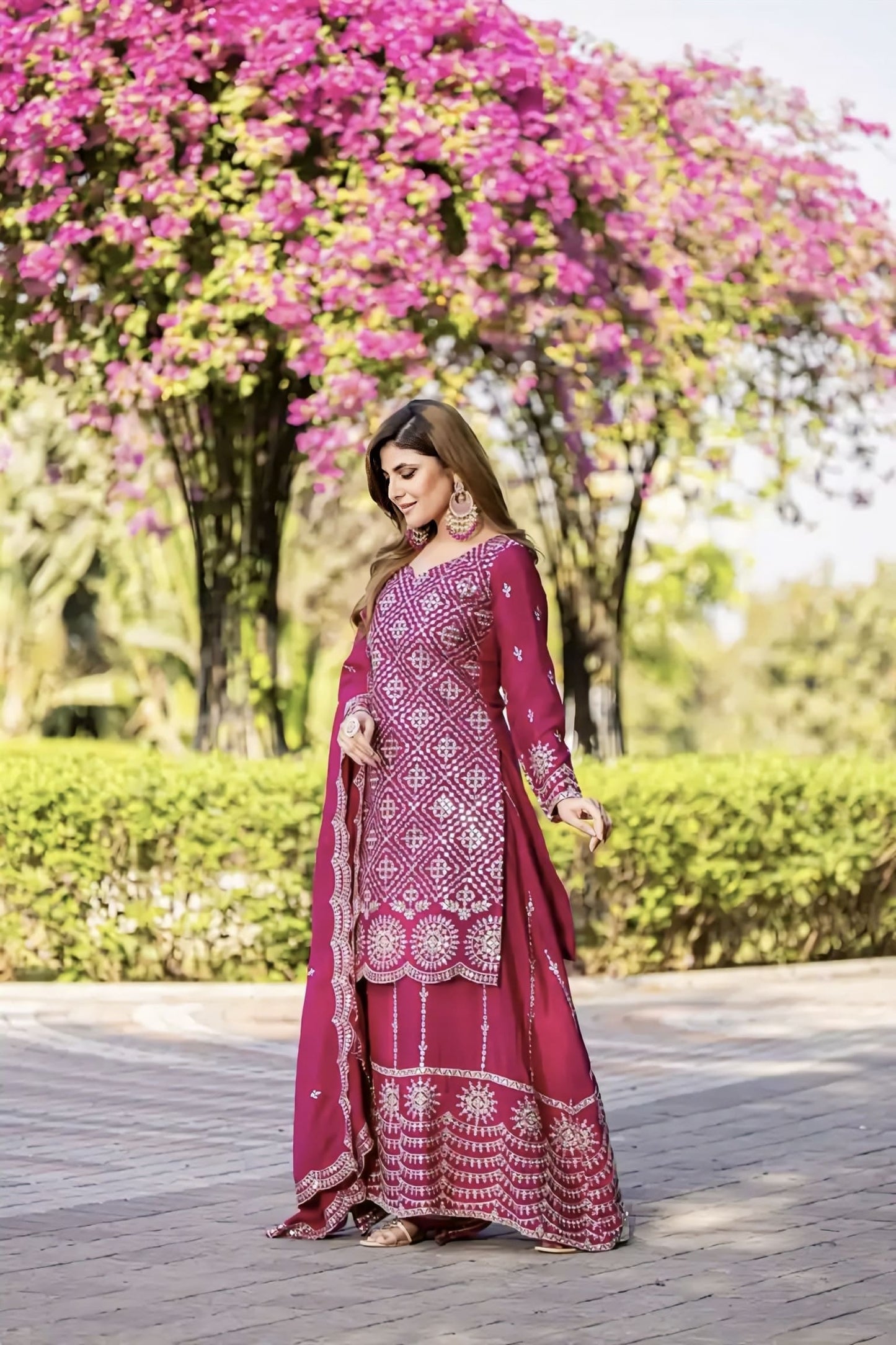 Rani Pink Chinon Salwar Suit with Heavy Thread & Sequence Embroidery Work