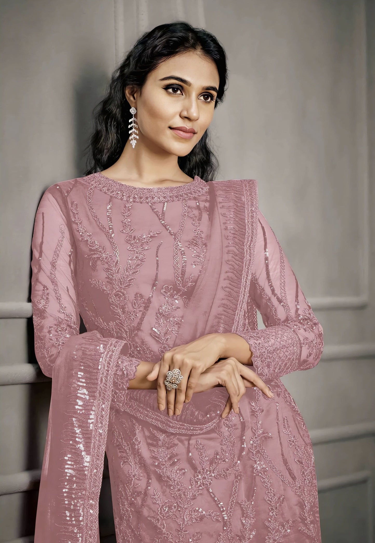 Pink Soft Net Straight Salwar Suit with Embroidery Work & Lace Dupatta
