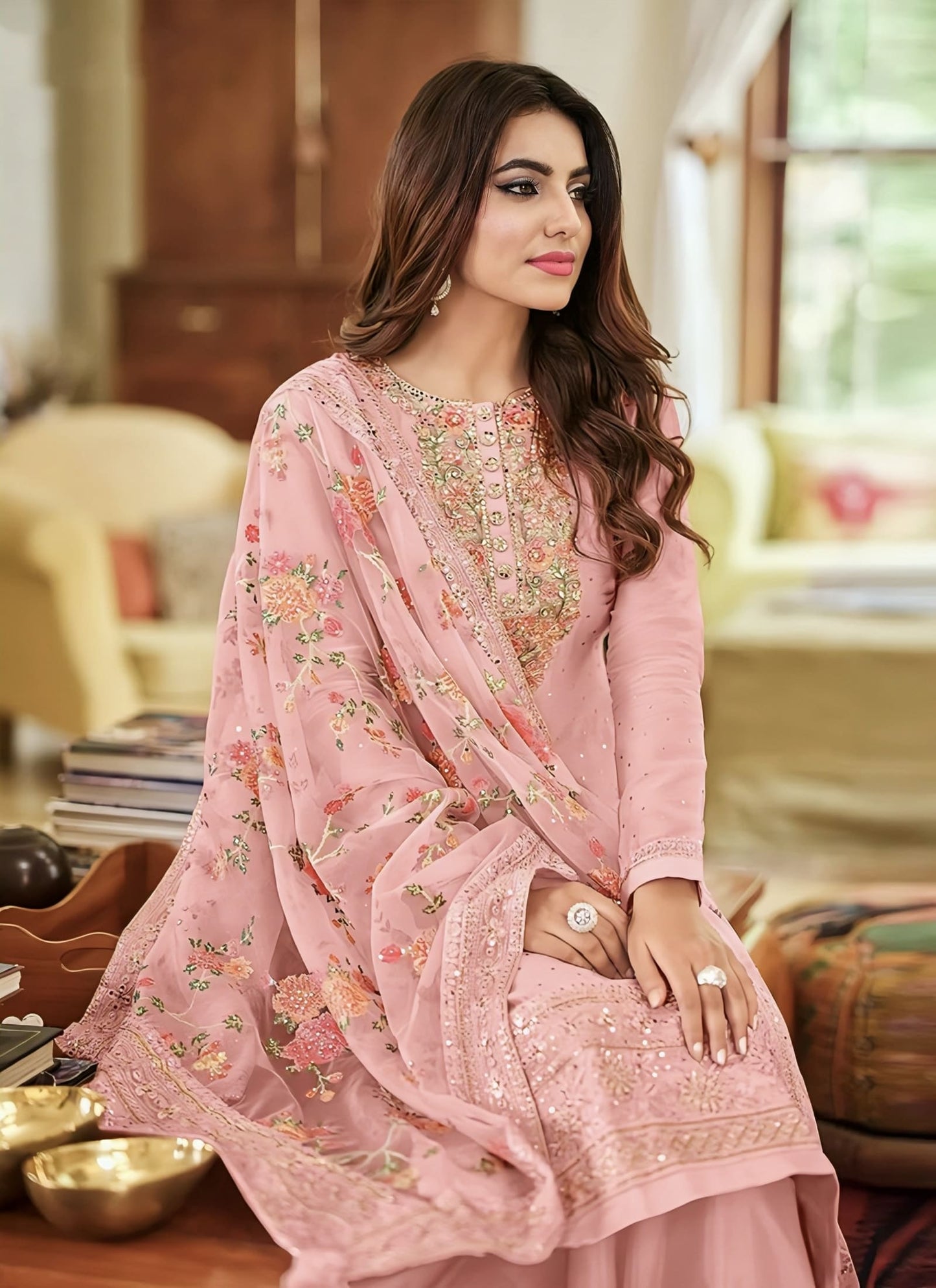 Rose Pink Art Silk Pakistani Palazzo Suit with Embroidery & Stone Work