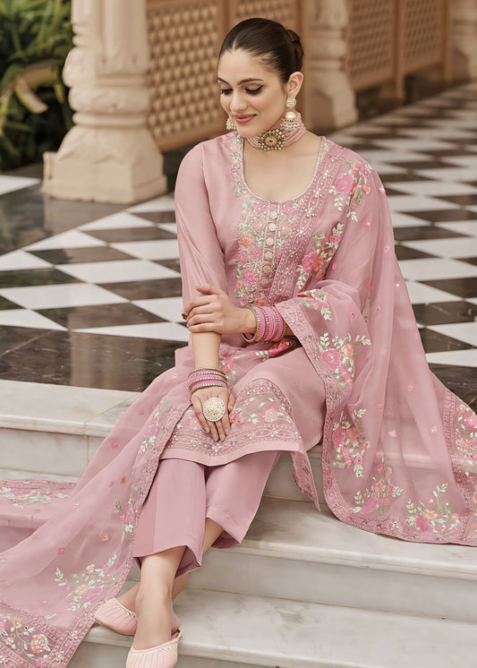 Pink Maheshwari Silk Festive Salwar Suit with Resham & Sequins Embroidery