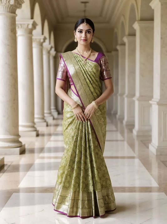 Parrot Green Saree with Silver Border – Elegant Traditional Silk Saree for Wedding & Festive Wear
