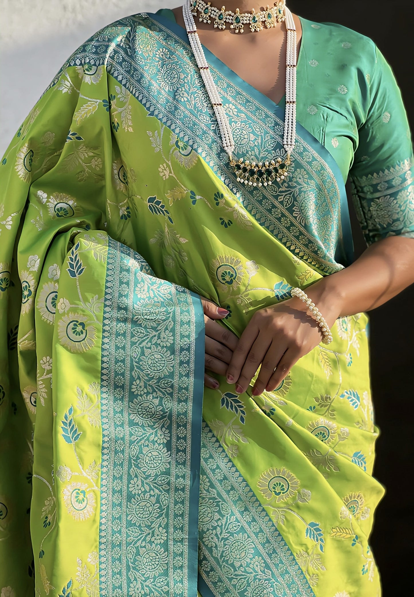 Parrot Green Saree with Silver Border – Banarasi Style Woven Festive & Wedding Saree