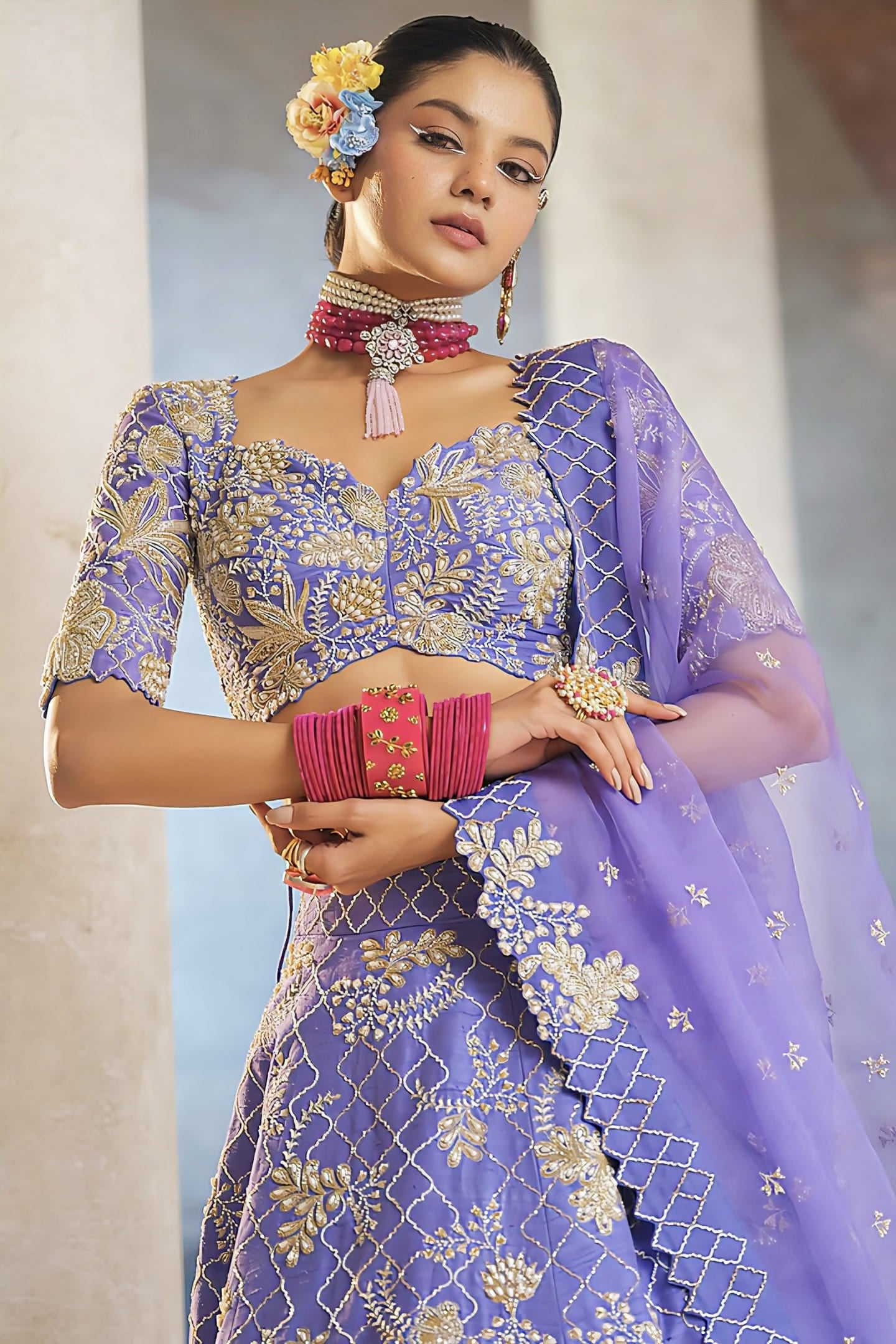 Lavender Blue Lehenga Set in Raw Silk | Hand Embroidered Wedding Wear Lehenga