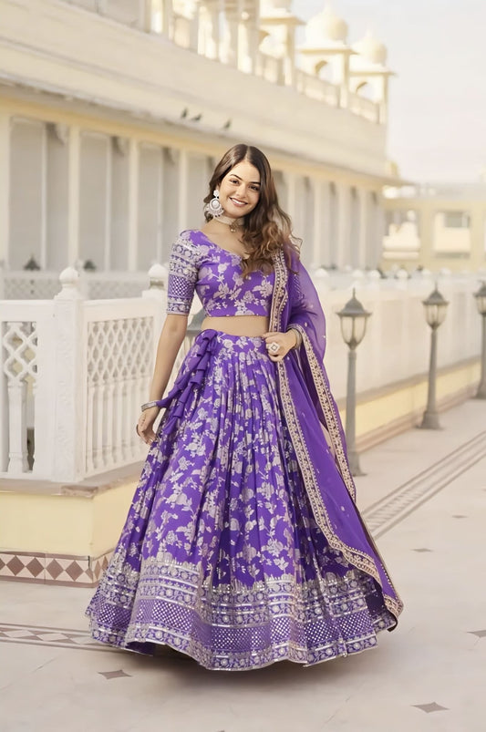 Lavender Bridal Lehenga Choli in Jacquard | Embroidered & Zari Weaving Wedding Wear
