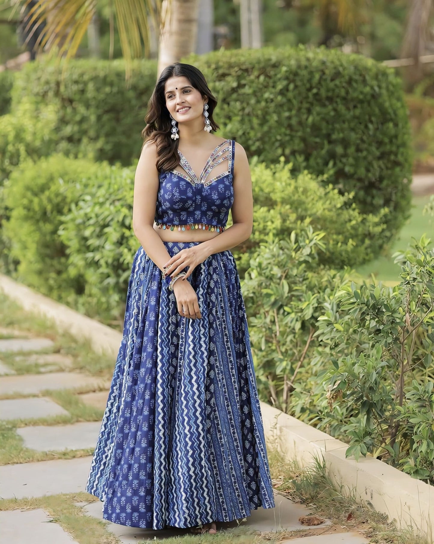 Navy Blue Printed Lehenga Choli with Mirror Work for Women