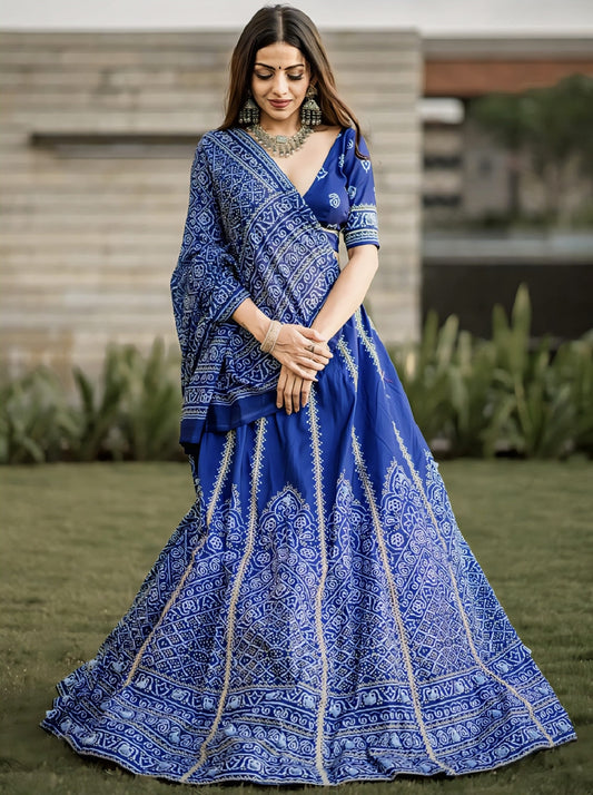 Navy Blue Bandhani Printed Vaishali Silk Lehenga Choli with Dupatta