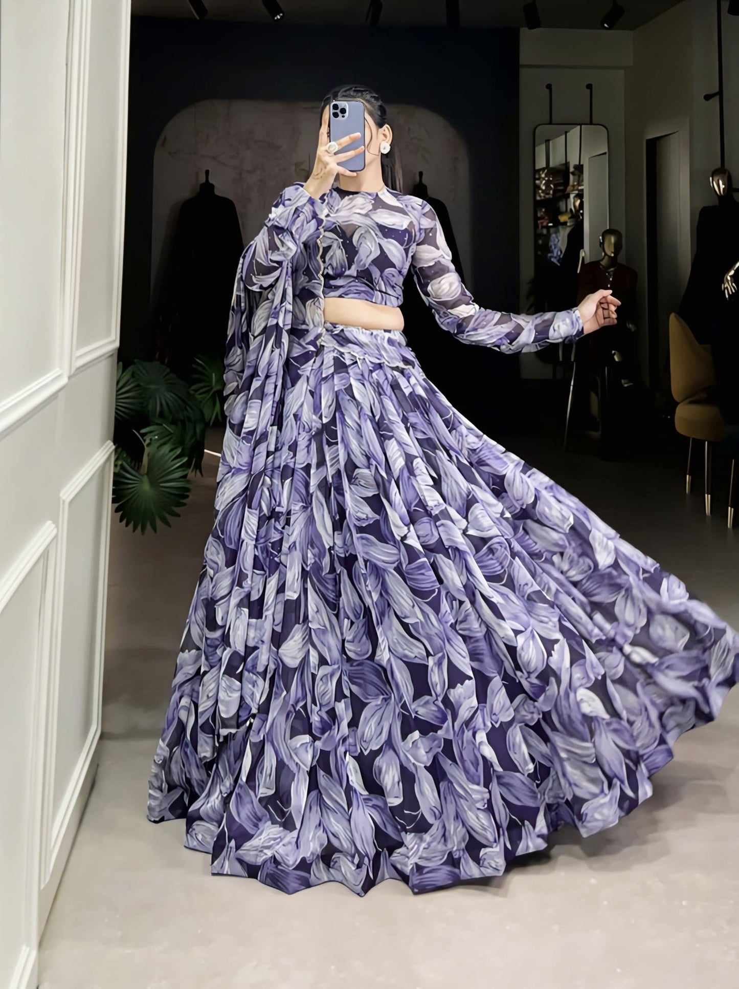 Navy Blue Printed Tubby Silk Lehenga Choli with Hotfix Work
