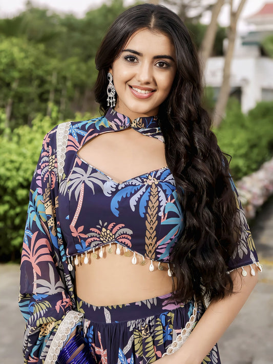 Navy Printed Georgette Lehenga Set for Women | Festive & Party Wear