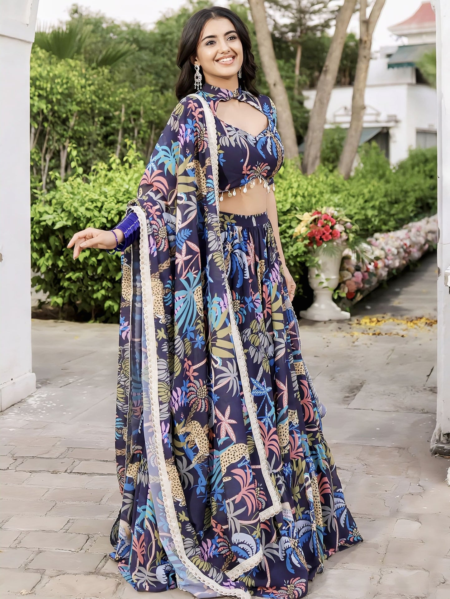 Navy Printed Georgette Lehenga Set for Women | Festive & Party Wear