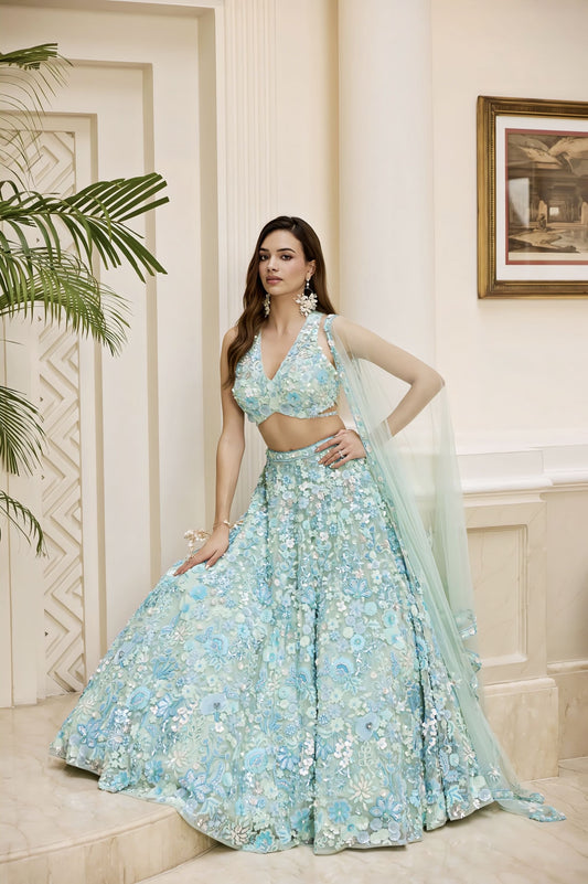 Light Blue Floral Lehenga Set in Tulle & Net Fabric for Wedding Wear