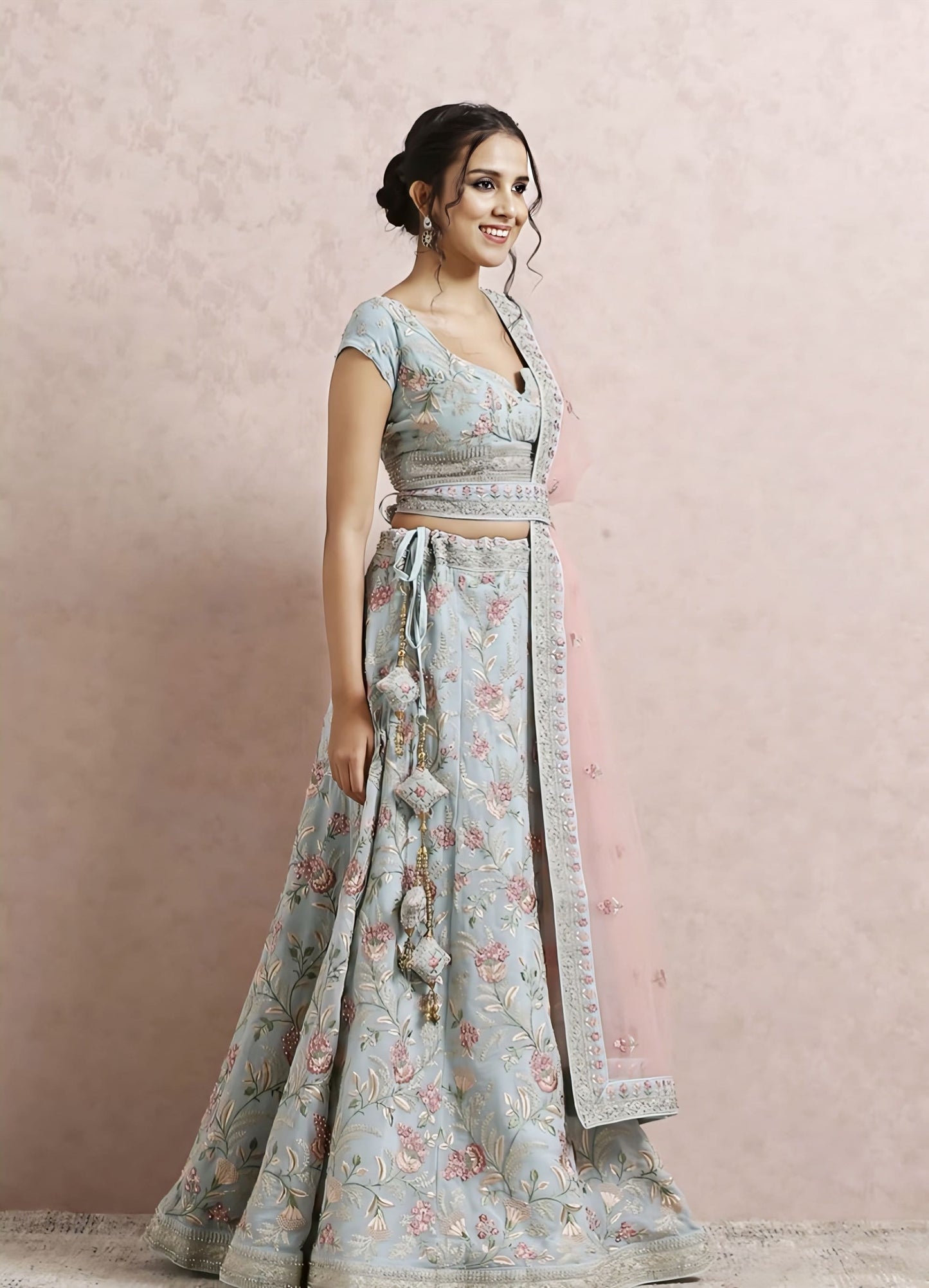 Light Blue Floral Bridal Lehenga with Hand Embroidery & Zari Work