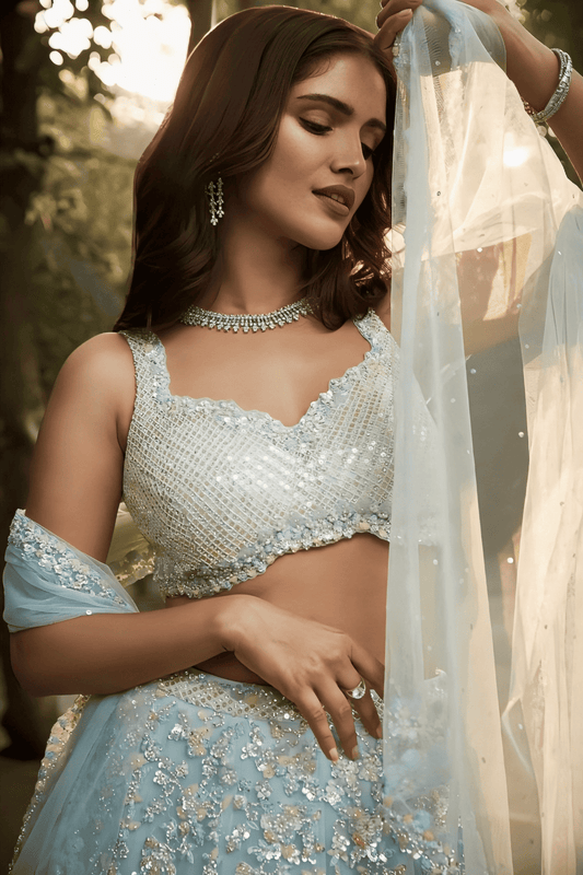 Light Blue Floral Embellished Georgette Lehenga Set