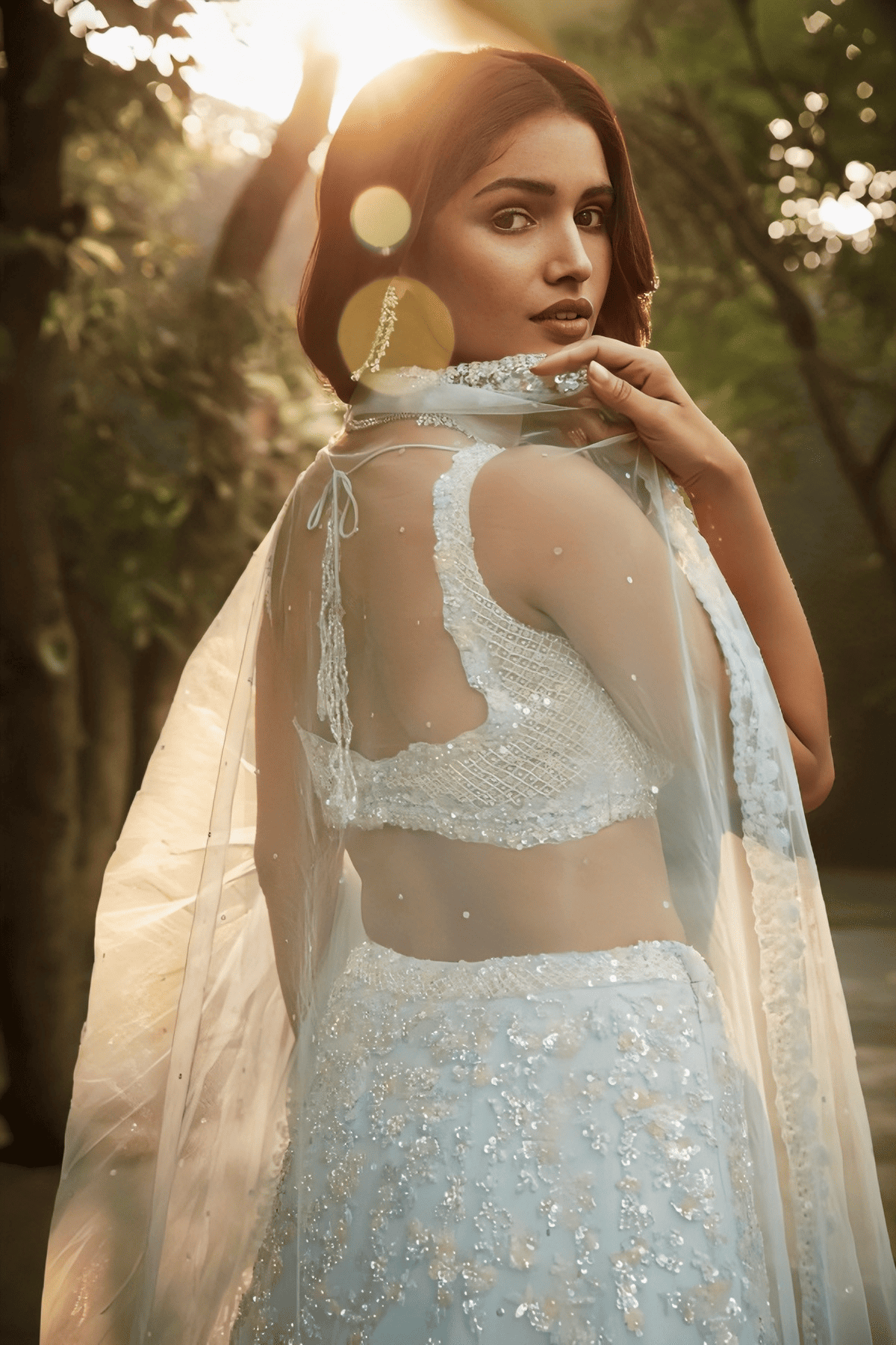 Light Blue Floral Embellished Georgette Lehenga Set