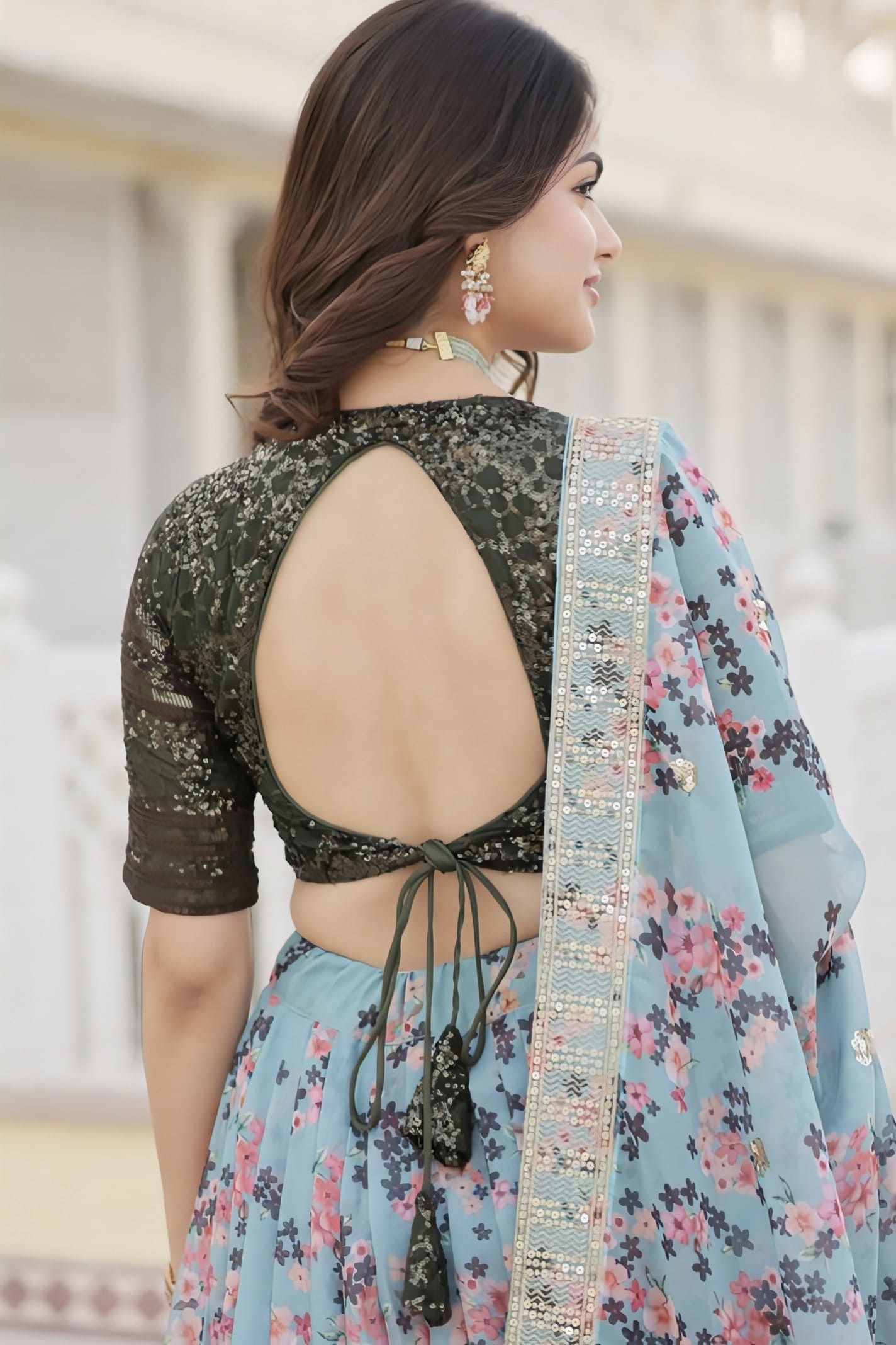 Light Blue Floral Printed Lehenga Choli with Designer V-Neck Blouse