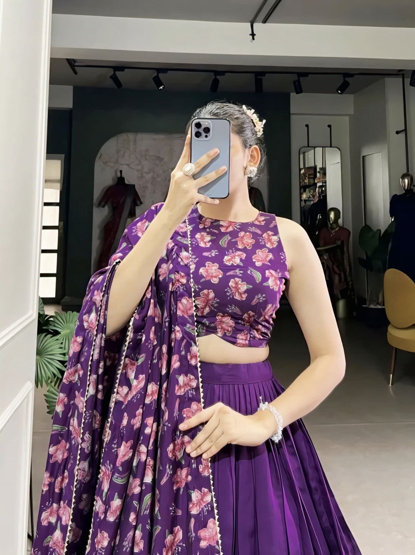 Purple Floral Print Tussar Silk Lehenga Choli with Dupatta