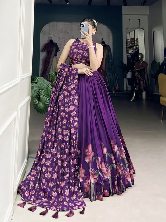 Purple Floral Print Tussar Silk Lehenga Choli with Dupatta
