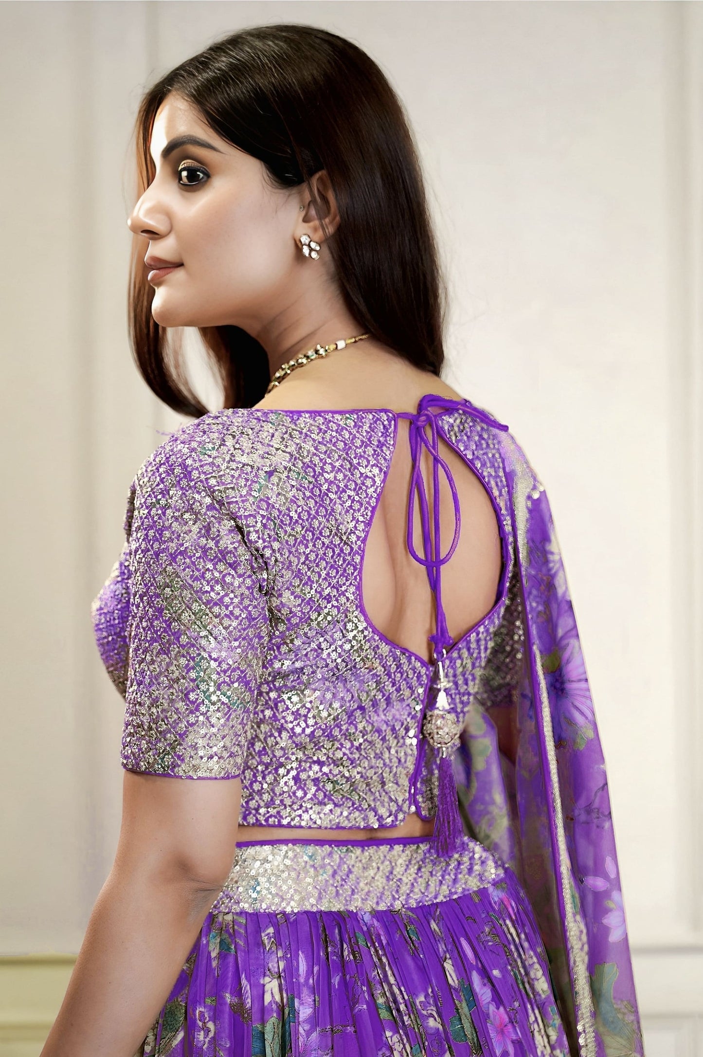 Superb Purple Floral Printed Organza Silk Lehenga Choli with Mirror Work & Dupatta
