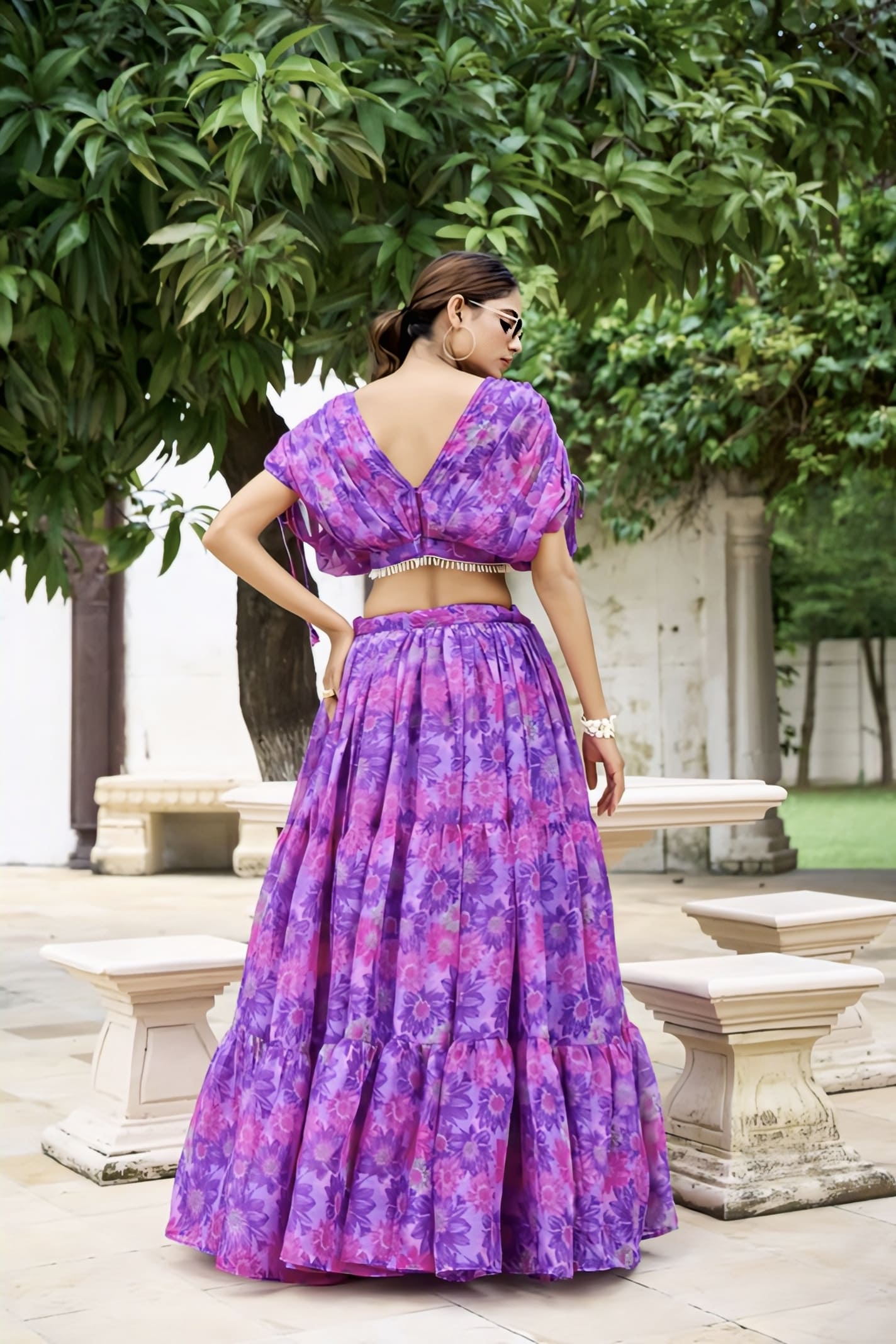 Elegance Purple Floral Printed Crop Top Lehenga Choli with Pearl Touch-Up
