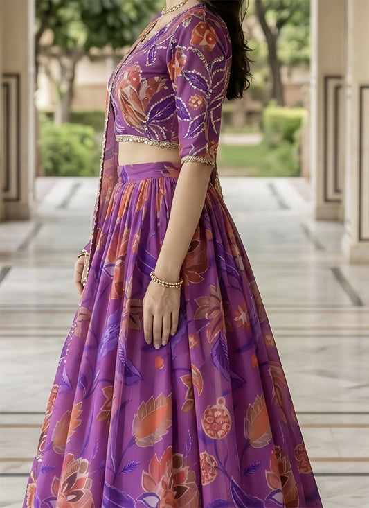 Purple Georgette Embroidery Sequins Lehenga Choli for Wedding & Festive Wear