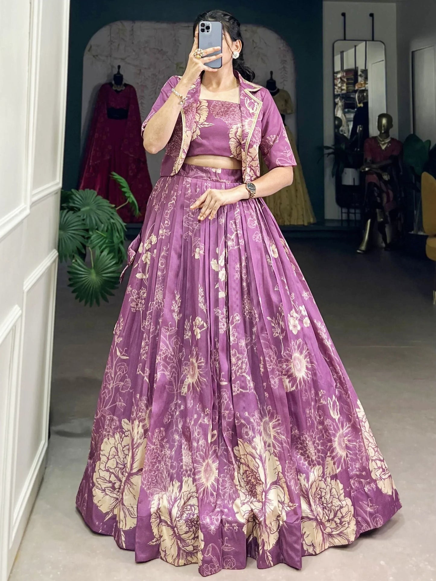 Refreshing Purple Printed Tussar Silk Crop Top Lehenga with Jacket