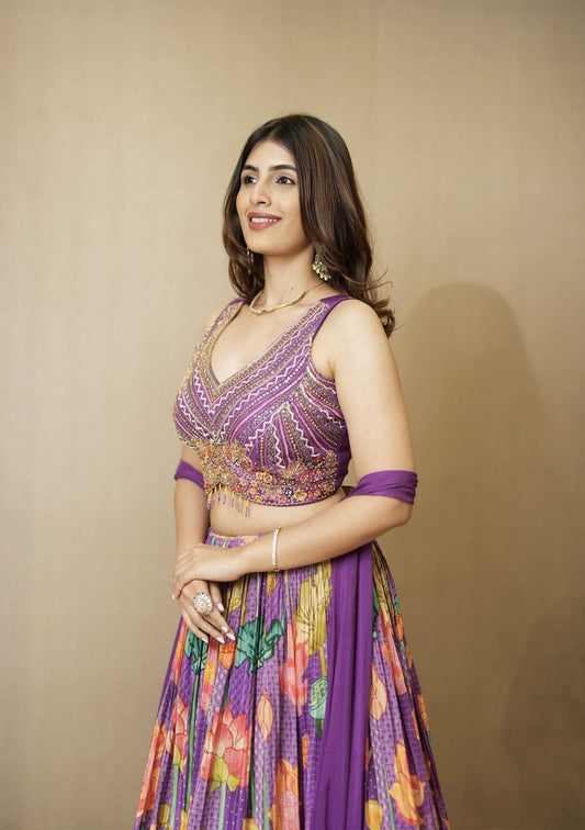 Purple Floral Printed Georgette Lehenga Set with Sequin & Bead Embroidery