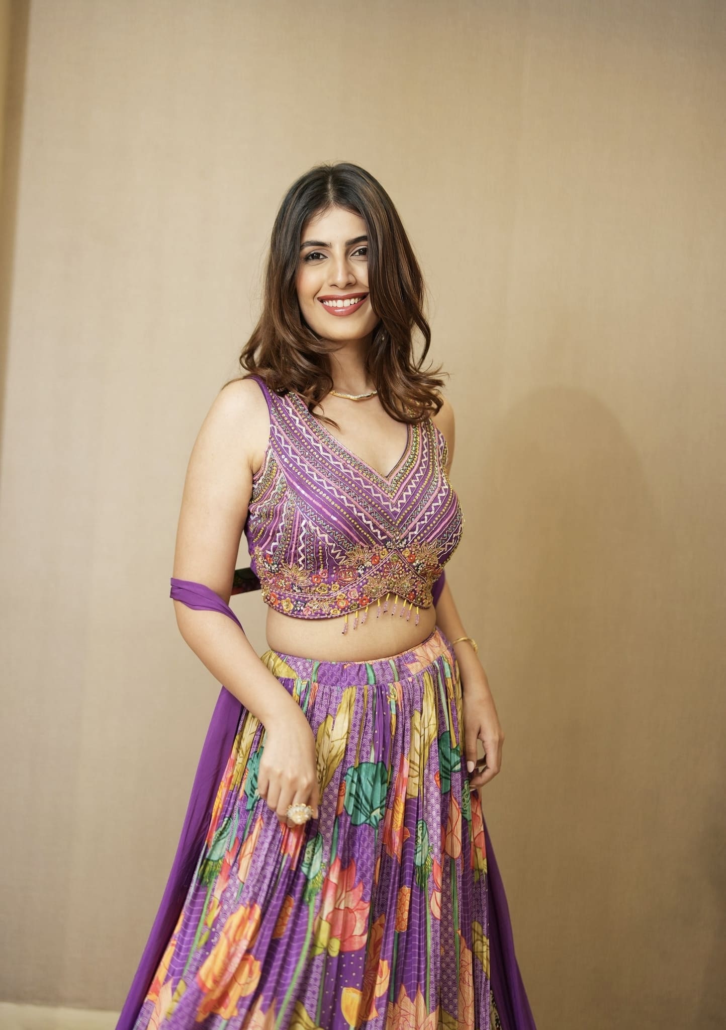 Purple Floral Printed Georgette Lehenga Set with Sequin & Bead Embroidery