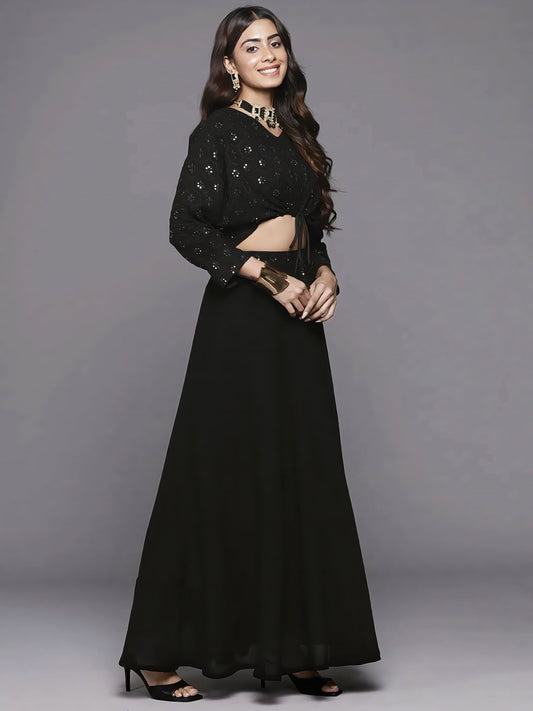 Black Embroidered Georgette Crop Top Lehenga with Full Sleeves