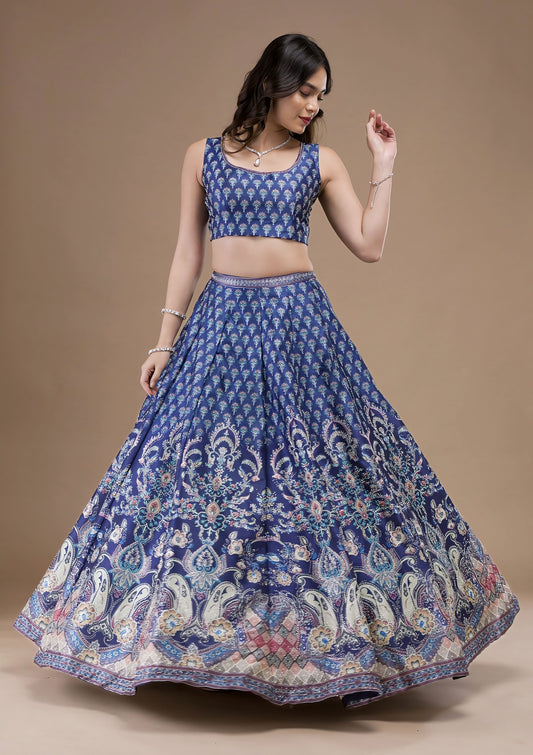 Navy Blue Swarovski Banarasi Readymade Lehenga with Net Dupatta