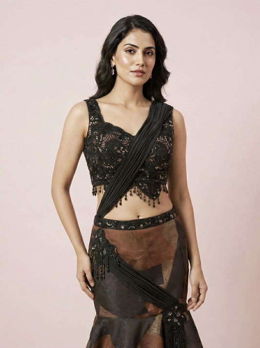 Brown & Black Organza Festive Lehenga with Embroidered Sleeveless Blouse