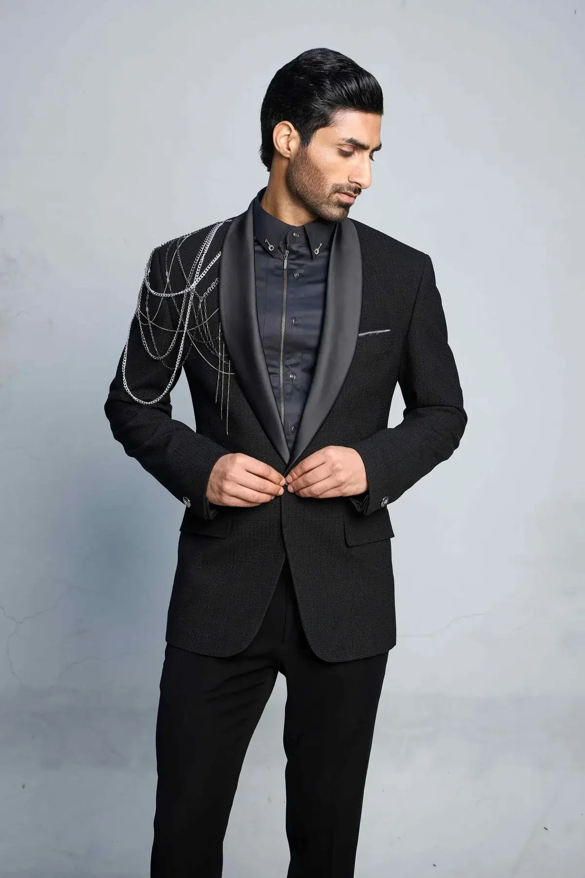 Luxury Black Textured Tuxedo Suit for Men with Satin Peak Lapel & Waistcoat