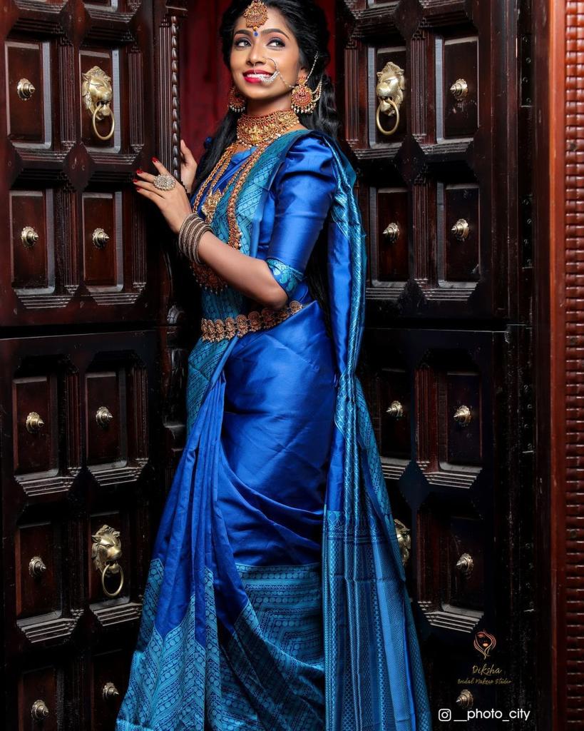 Blue Traditional Bridal Wear Banarasi Saree