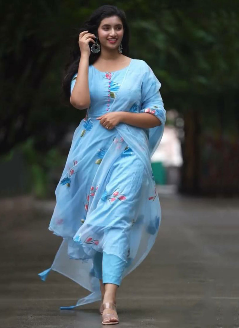 Elegant Blue Traditional Patterns Embroidered Ethnic Gown Set With Jacket With Belt