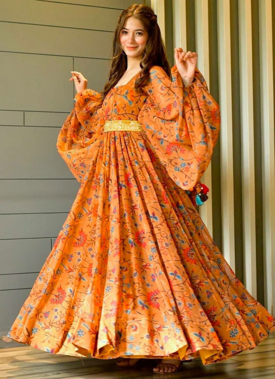 Orange Color Charming Ethnic Gown Rim Zim Fashion Orange Color Charming Ethnic Gown Rim Zim Fashion