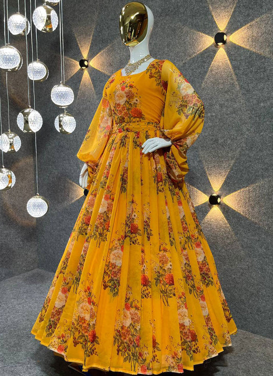 Women Charming Ethnic Yellow Motifs Gown for Days
