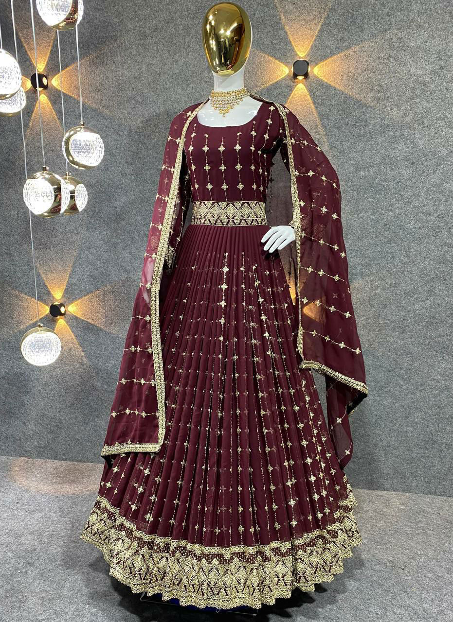 slim fit dress slacks Maroon Bridal Golden Zari Embroidered Long Flared Printed Net Gown Dre –  Chhabra 555 main image 1