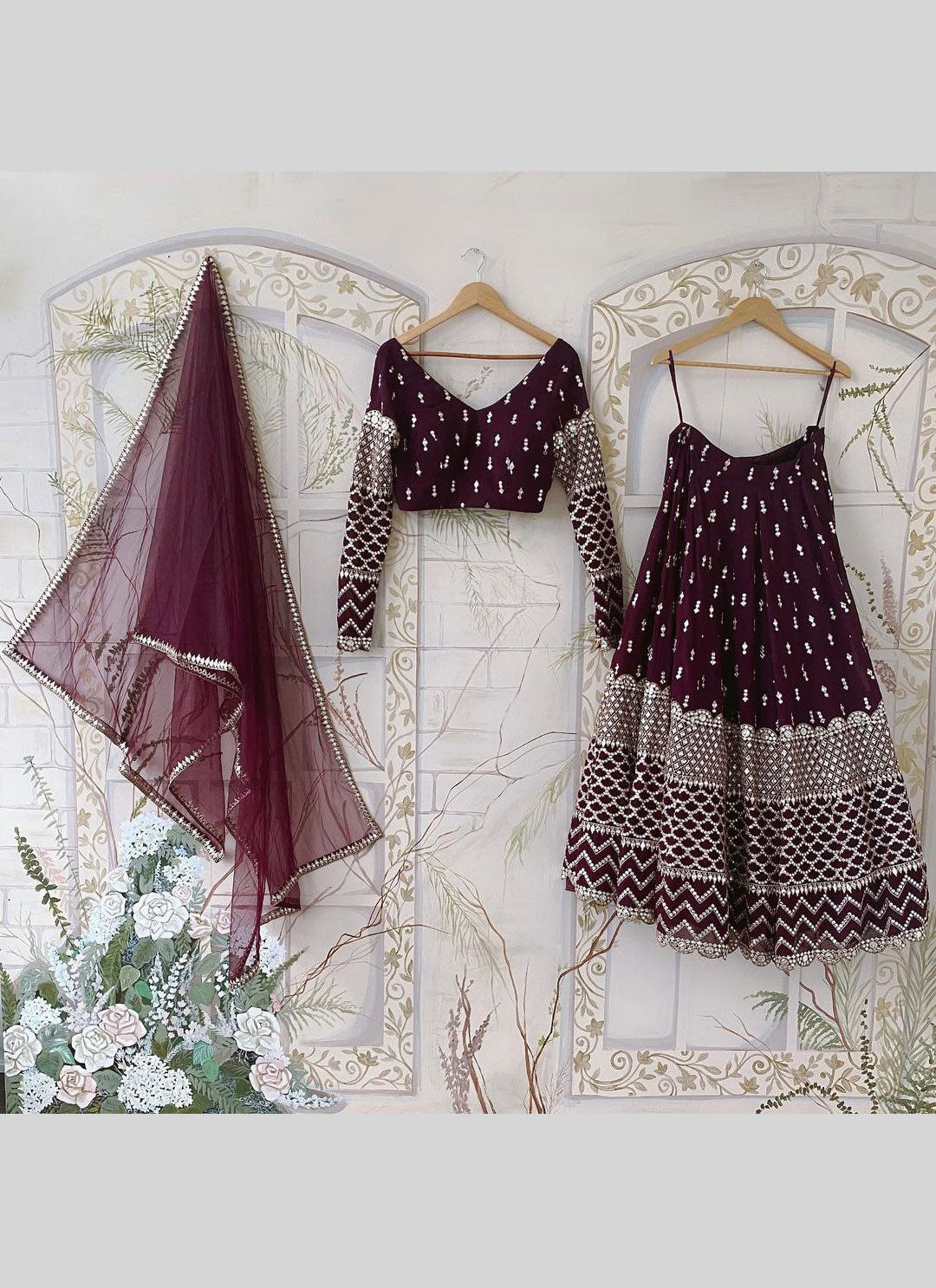 Maroon Maslin silk With Fancy Floral Party Wear Bridesmaid Lehengas SI 79