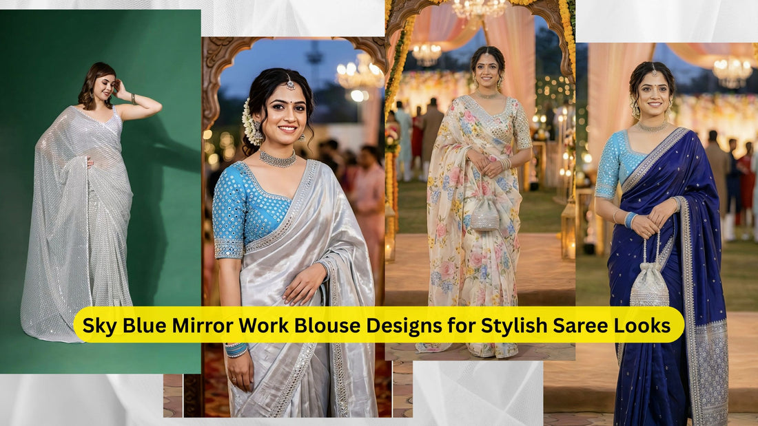 Sky Blue Mirror Work Blouse Designs for Stylish Saree Looks