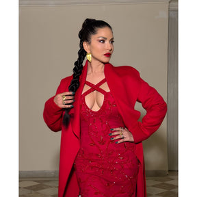 Sunny Leone - Red Net Hand Embroidered Floral Criss-cross Neck Gown