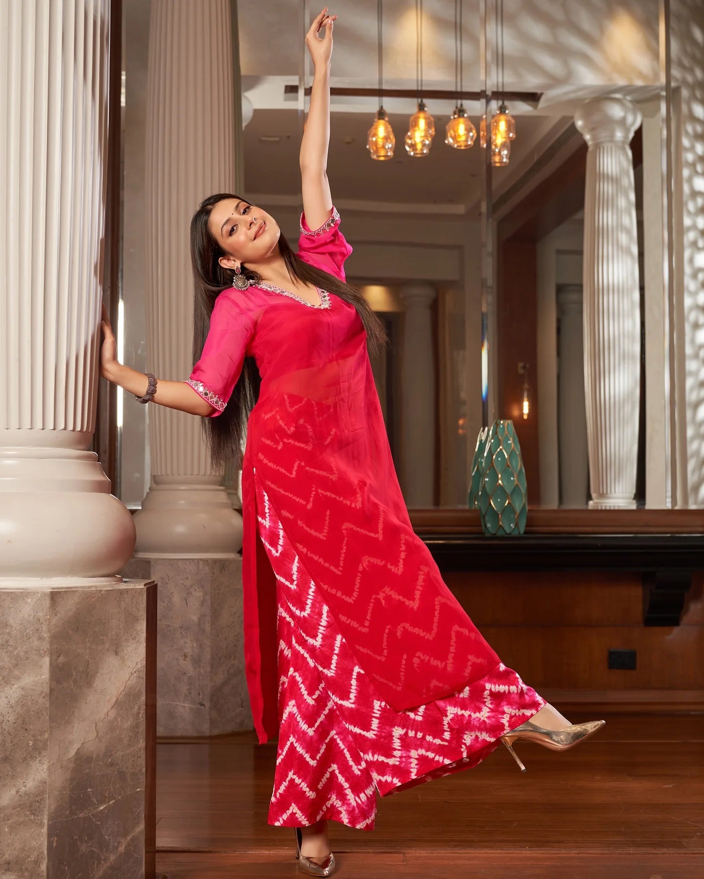 Arya Red Pink Traditional Ombre Leheriya Organza Kurta Set