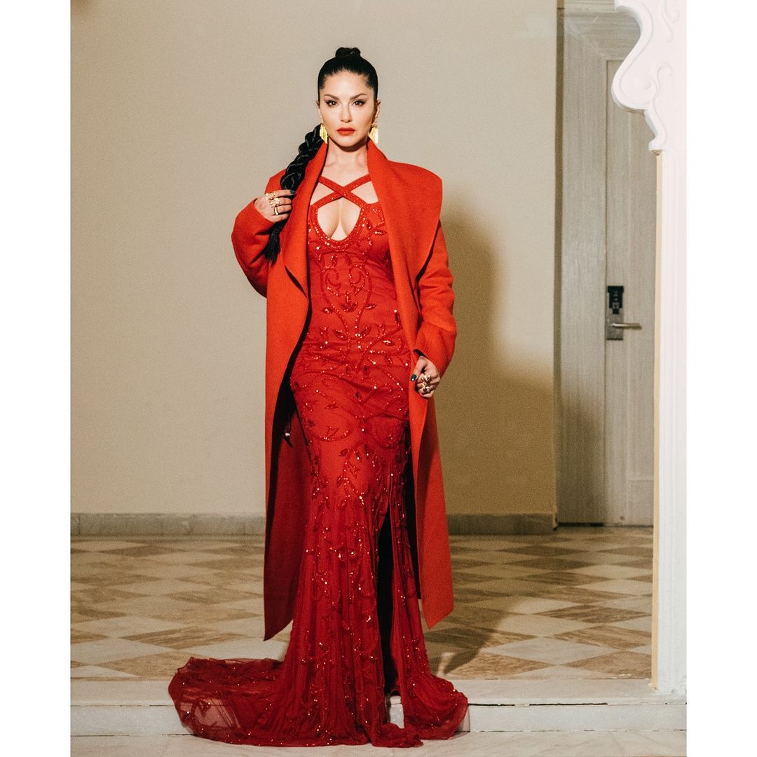 Sunny Leone - Red Net Hand Embroidered Floral Criss-cross Neck Gown