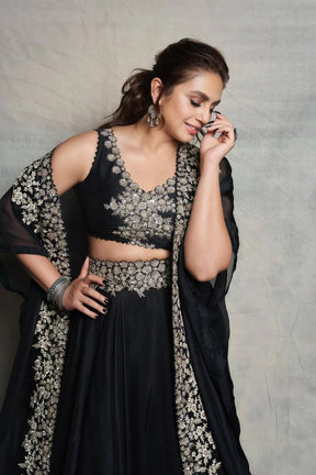 Huma Qureshi - Black Dupion Silk Zardozi Cape Open and Skirt Set