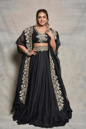 Huma Qureshi - Black Dupion Silk Zardozi Cape Open and Skirt Set