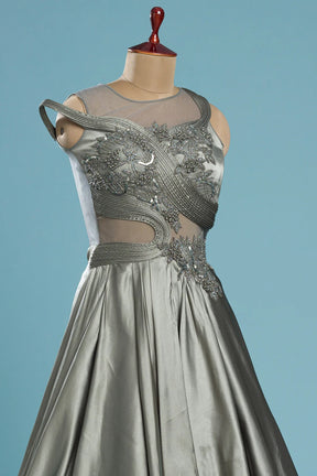 Sage Grey Sequins Embroidered Satin Cocktail Gown